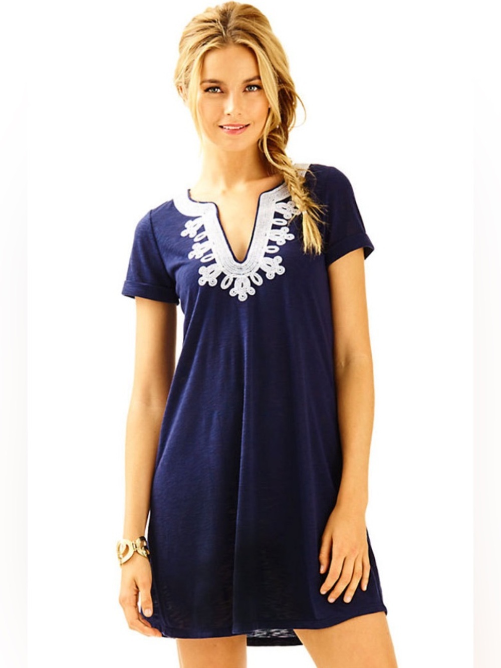 Lilly Pulitzer Navy Tunic with White Embroidered V-Neck Detail